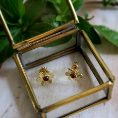 Boucles d'oreilles fleurs boutons d'or grenat