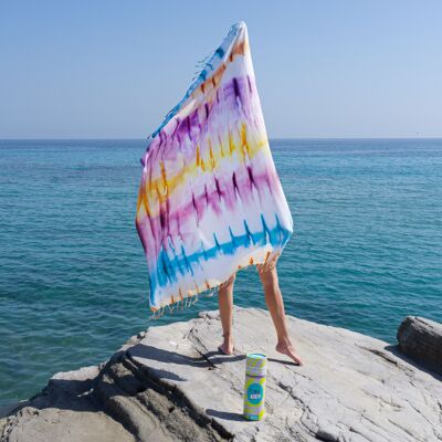 Serviette de plage à rayures TIE DYE avec boîte cadeau recyclée – Violet / Bleu