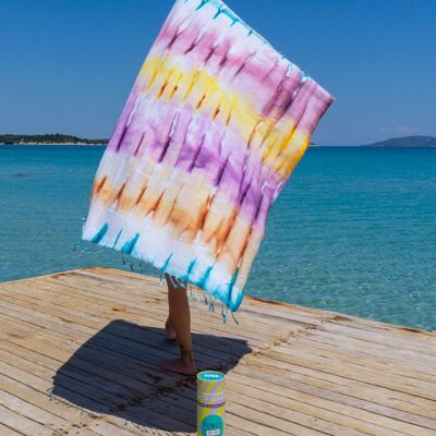 Toalla de playa TIE DYE Stripe con caja de regalo reciclada – Morado / Azul