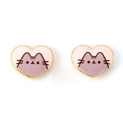 Pusheen the Cat Pink Enamel and Gold Heart Stud Earrings