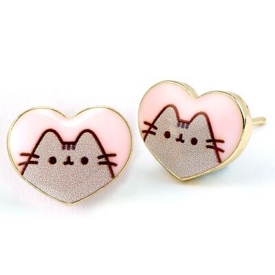 Orecchini a bottone Pusheen the Cat in smalto rosa e cuore in oro