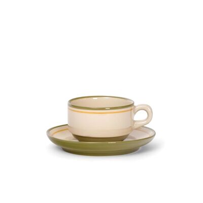 Tasse et soucoupe en grès vert et jaune CATLATZVRAM peintes à la main