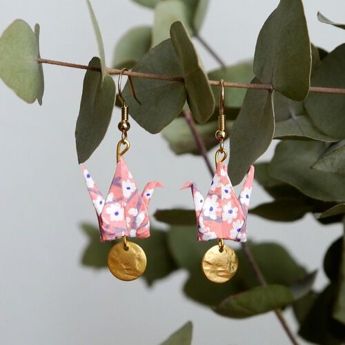 Boucles d'oreilles origami - Grues corail fleuri et sequins dorés