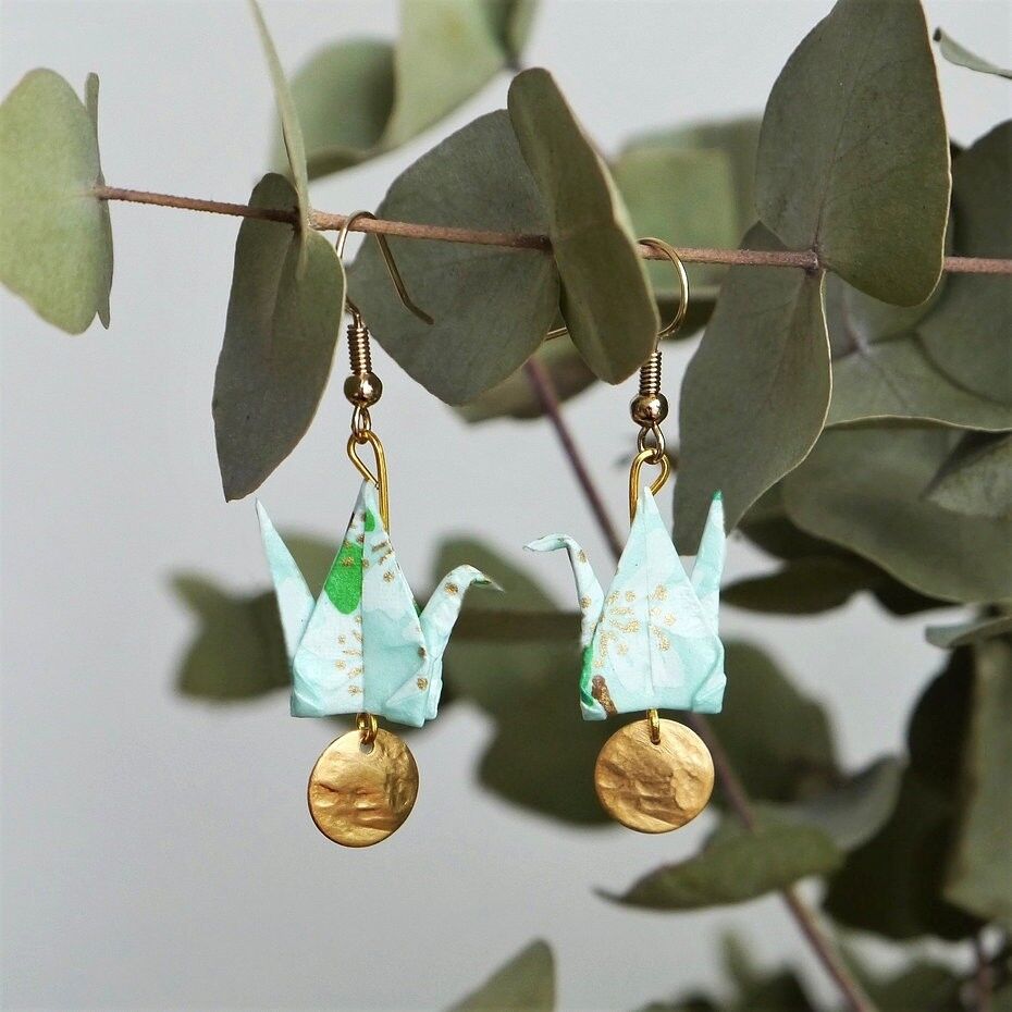 Buy wholesale Origami earrings - Duck blue cranes and golden sequins