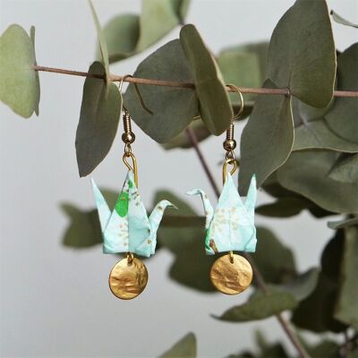 Boucles d'oreilles origami - Grues menthe et sequins dorés