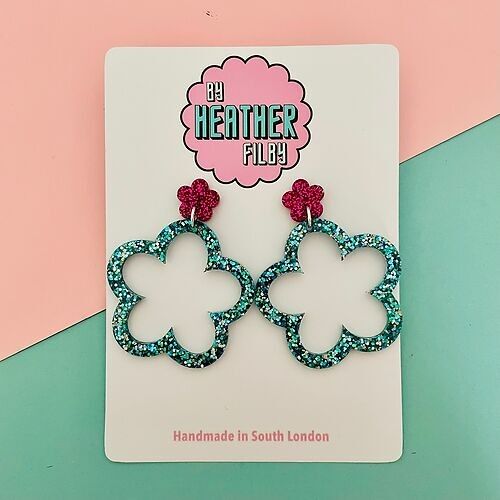 Blue Glitter Flower Earrings