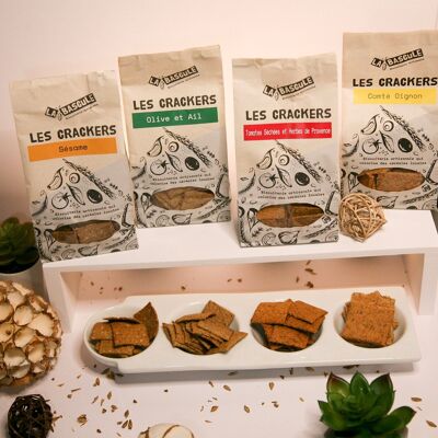 Assortiment Découverte Crackers aux Drêches - Comté Oignon, Olive Ail, Sésame, Tomates séchées et Herbes de Provence sachets de 100g