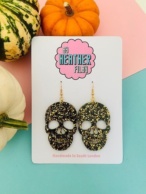 Large Black and Gold Skull Earrings