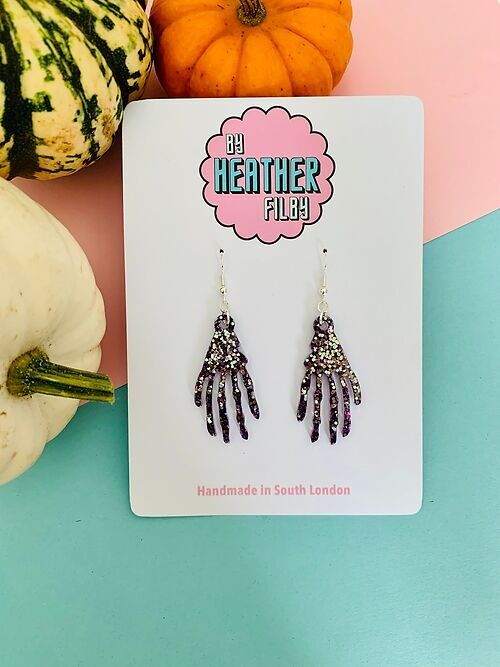 Mystic Purple Skeleton Hand Earrings