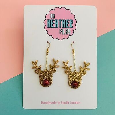 Gold Glitter Reindeer Earrings