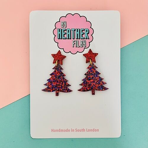 Red and Blue Glitter Christmas Tree with Star Earrings