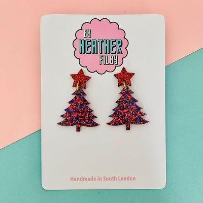 Roter und blauer Glitzer-Weihnachtsbaum mit Stern-Ohrringen