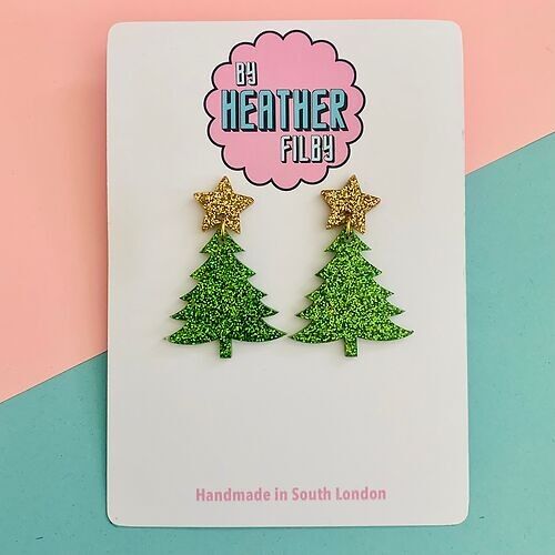 Green Glitter Christmas Tree with Gold Star Topper Earrings