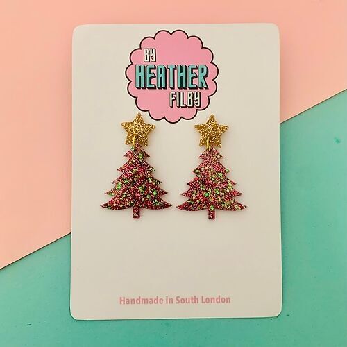 Red and Green Glitter Christmas Tree with Gold Star Topper Earrings