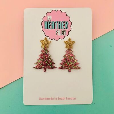 Roter und grüner Glitzer-Weihnachtsbaum mit goldenen Stern-Ohrringen