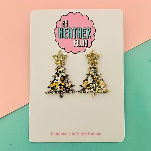 Black and Gold Glitter Christmas Tree Earrings