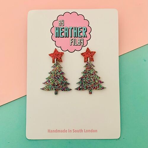 Red and Green Glitter Christmas Tree Earrings