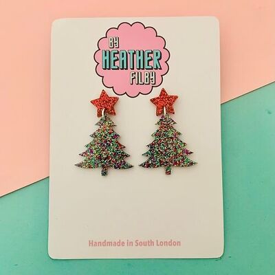 Roter und grüner Glitzer-Weihnachtsbaum mit Stern-Ohrringen