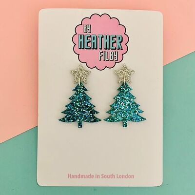 Blaue und silberne Glitzer-Weihnachtsbaum-Ohrringe