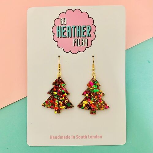 Green, Gold and Pink Glitter Christmas Tree Earrings - Two Sizes