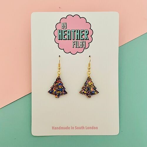 Blue, Gold and Pink Glitter Christmas Tree Earrings