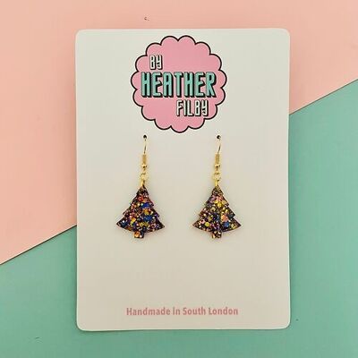 Blue, Gold and Pink Glitter Christmas Tree Earrings