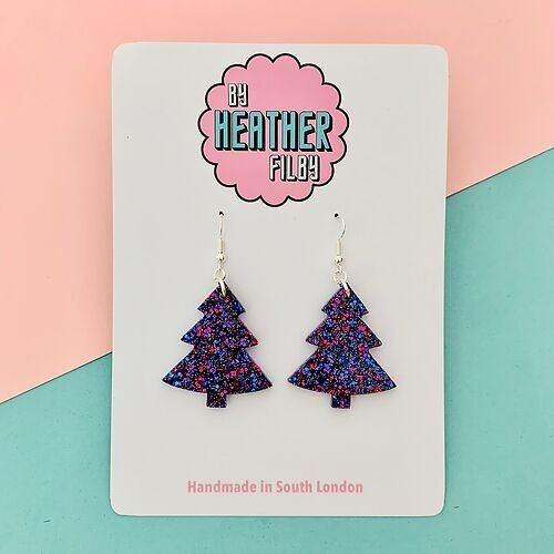 Purple Glitter Christmas Tree Earrings - Two Sizes
