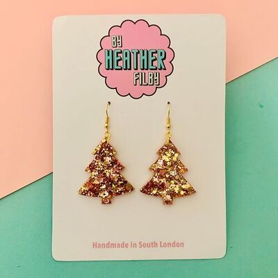 Boucles d'oreilles sapin de Noël à paillettes dorées et roses - Deux tailles