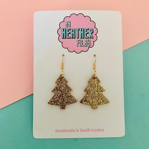 Gold Glitter Christmas Tree Earrings - Two Sizes