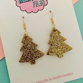 Boucles d'oreilles arbre de Noël à paillettes dorées - Deux tailles 5