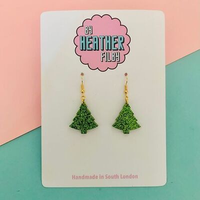 Boucles d'oreilles en forme d'arbre de Noël à paillettes vert clair et foncé - Deux tailles