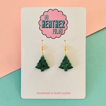 Boucles d'oreilles en forme d'arbre de Noël à paillettes vert clair et foncé - Deux tailles 3
