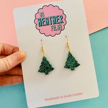 Boucles d'oreilles en forme d'arbre de Noël à paillettes vert clair et foncé - Deux tailles 4