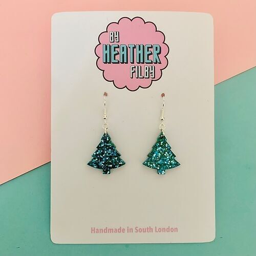 Blue Glitter Christmas Tree Earrings - Two Sizes