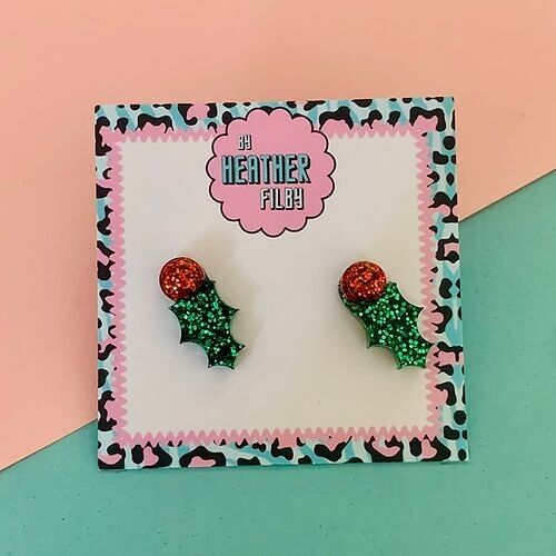 Holly Glitter Christmas Stud Earrings