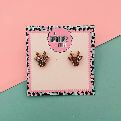 Gold Glitter Small Reindeer Christmas Studs