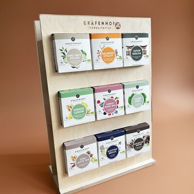 Coffret professionnel collection Gräfenhof avec présentoir en bois véritable + 12 thés bio + 2 thés de saison