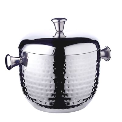 Ice bucket Rico (height 21 cm) with lid and insert, hammered stainless steel, highly polished