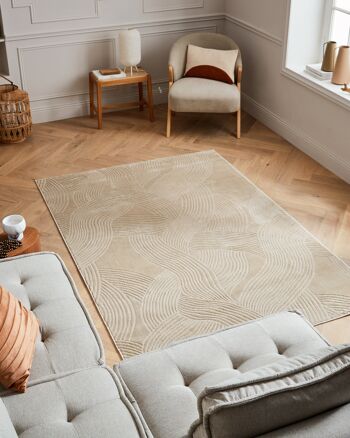 Tapis poils ras motif abstrait en relief beige 1