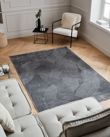 Tapis poils ras motif abstrait en relief gris 1