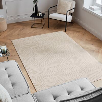 Tapis poils ras motif feuille en relief crème