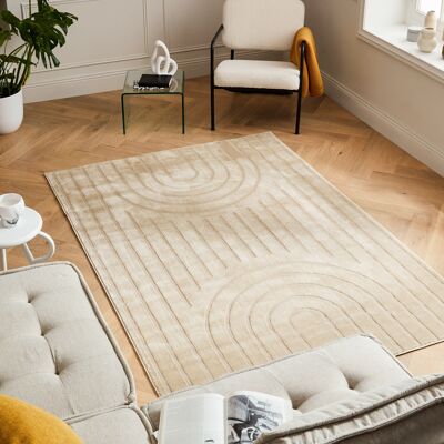 Tapis poils ras motif arc de cercle en relief beige