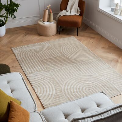 Short pile carpet geometric pattern in beige relief