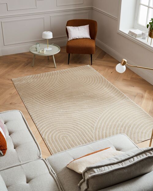 Tapis poils ras motif arc en ciel en relief beige