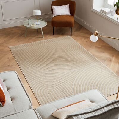 Tapis poils ras motif arc en ciel en relief beige