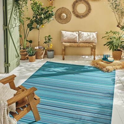 Blauer Outdoor-Teppich mit Farbverlaufsstreifenmuster