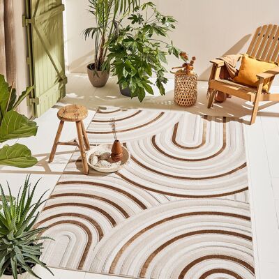 Indoor outdoor rug with beige arc pattern
