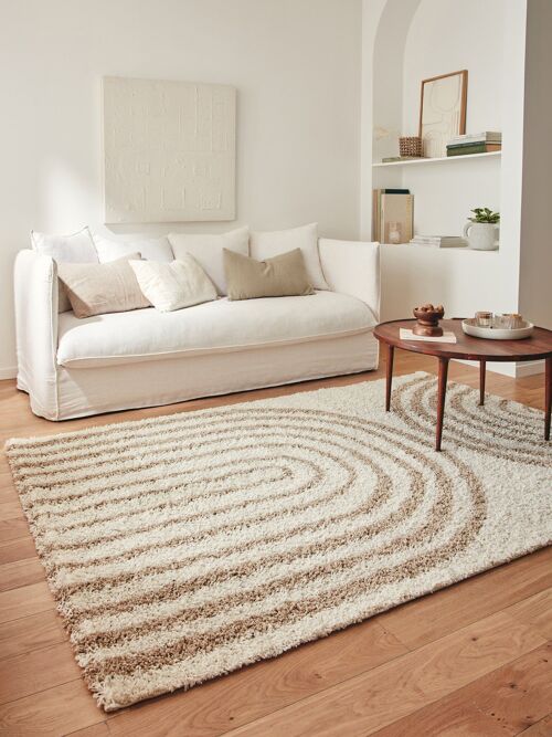 Tapis shaggy à poils long motif arc beige