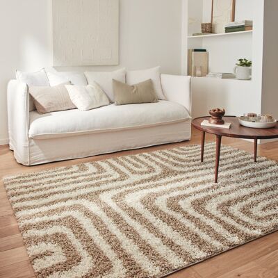 Beige geometric pattern long pile shaggy rug