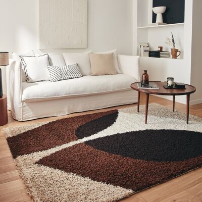 Shaggy high pile rug with abstract pattern in brown, beige, coffee and cream